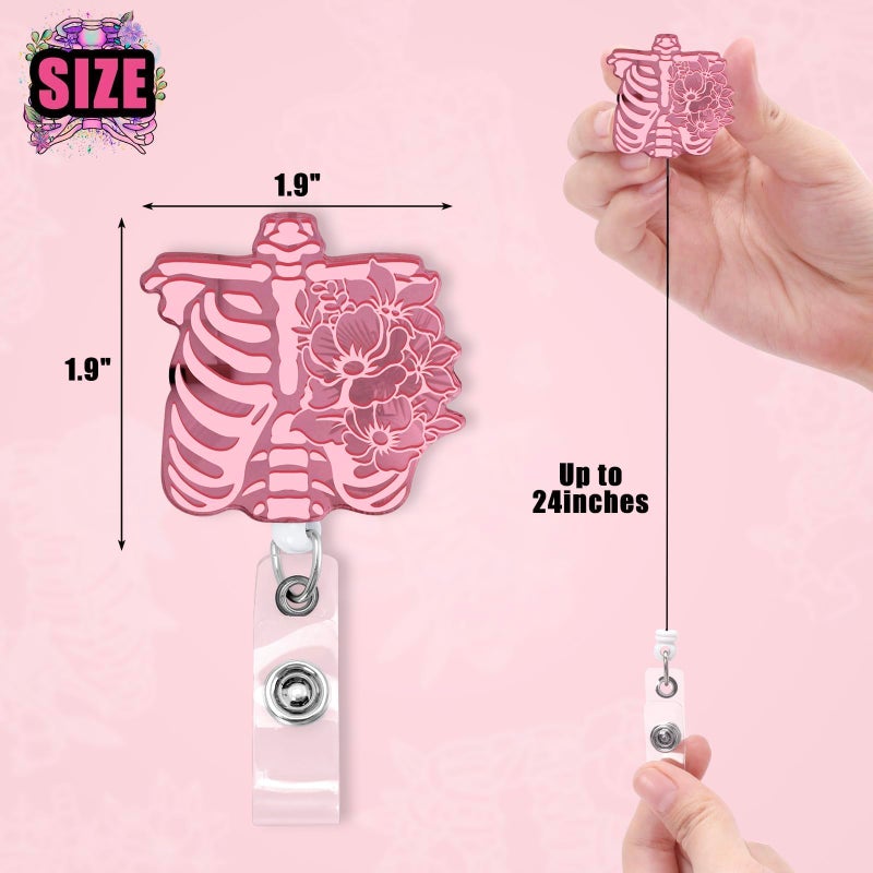 Xylolfsty Xray Badge Reels 4PCS هيكل عظمي قابل للسحب شارة كليب حامل مع مقطع التمساح مرآة الهالوين الاكريليك الضلع الجمجمة أنماط لطيف لراد RN ممرضة طبيب طالب الأشعة التكنولوجيا الهدايا - Image 3